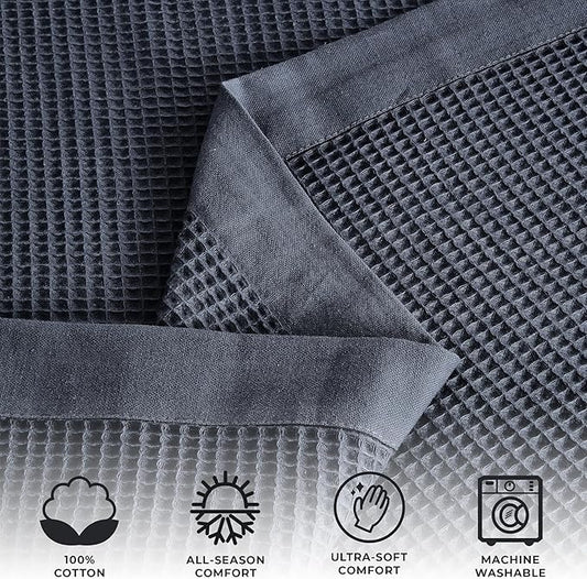 Great Bay Home 100% Cotton Blanket for Twin Size Bed | Lightweight and Breathable Waffle Weave Blankets for Summer & Spring | Versatile, Layering Navy Bed Blanket, Ocean Blue, 90x66 inches