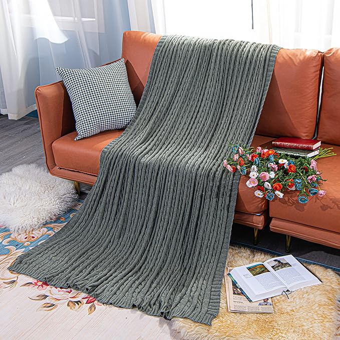 NTBAY 100% Pure Cotton Cable Knit Throw Blanket, Super Soft Warm 51x67 Knitted Throw Blanket for Couch, Sofa, Chair, Bed - Extra Cozy, Machine Washable, Comfortable Home Decor, Grey and White