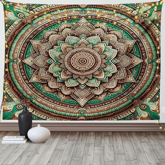 Ambesonne Green Tapestry, Psychedelic Style Symmetrical Ethnic Design Bicolor Folk Mandala Illustration, Wide Wall Hanging for Bedroom Living Room Dorm, 80" X 60", Chestnut Brown