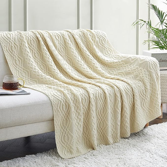 Aormenzy Ivory Cable Knit Throw Blanket, Soft & Warm Knitted Blanket Throw for Couch Bed Sofa Living Room, 50 x 60 inch