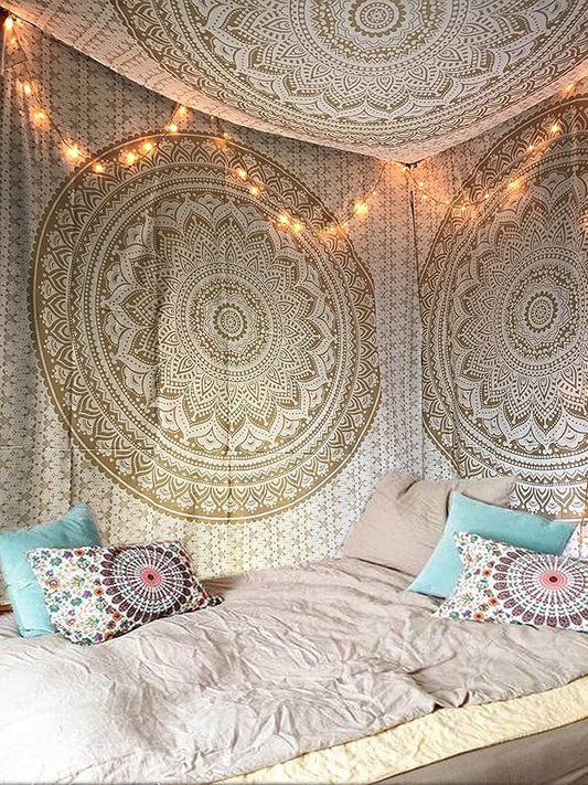 raajsee Gold Mandala Tapestry Bedroom Aesthetic - Indie Wall Tapestries Hippie Room Decor - Boho White Trippy Wall Hanging - Golden Mandalas Wall Art 52x82 inches