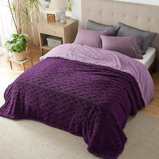 Bedsure Sherpa Queen Size Blanket for Bed - Fleece Soft Cozy Fuzzy Cable Blankets for Women, Thick Warm for Winter and All Seasons, Purple, 90x90 Inches