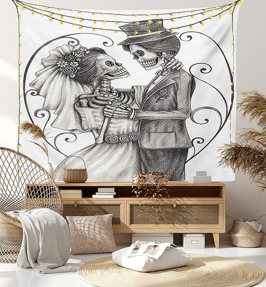Ambesonne Day of the Dead Tapestry, Love Skull Skeleton Marriage Eternal Love Theme Spanish Art, Wide Wall Hanging for Bedroom Living Room Dorm, 60" X 40", Dimgrey White
