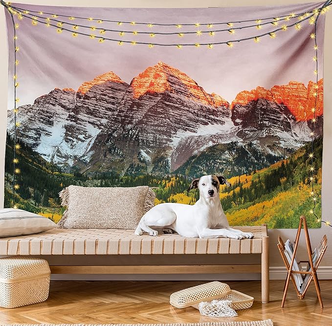Ambesonne Mountain Tapestry Queen Size, Scenic Western American Mountains on Valley with Snowy Peaks at Sunset Landscape, Wall Hanging Bedspread Bed Cover Wall Decor, 88" X 88", Mauve Brown